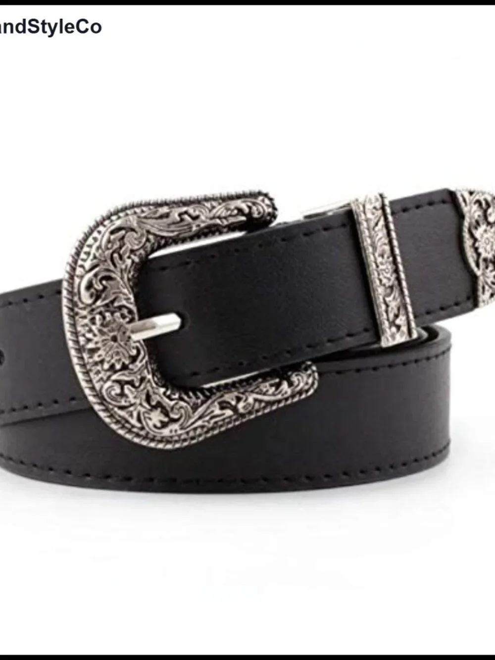 Vintage Western Faux Leather Belt with Floral Metal Buckle